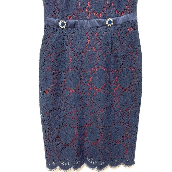 Algo Dress Dress Navy Blue Red Lace Overlay Sleeveless Wool Silk Blend Size P - Picture 3 of 16